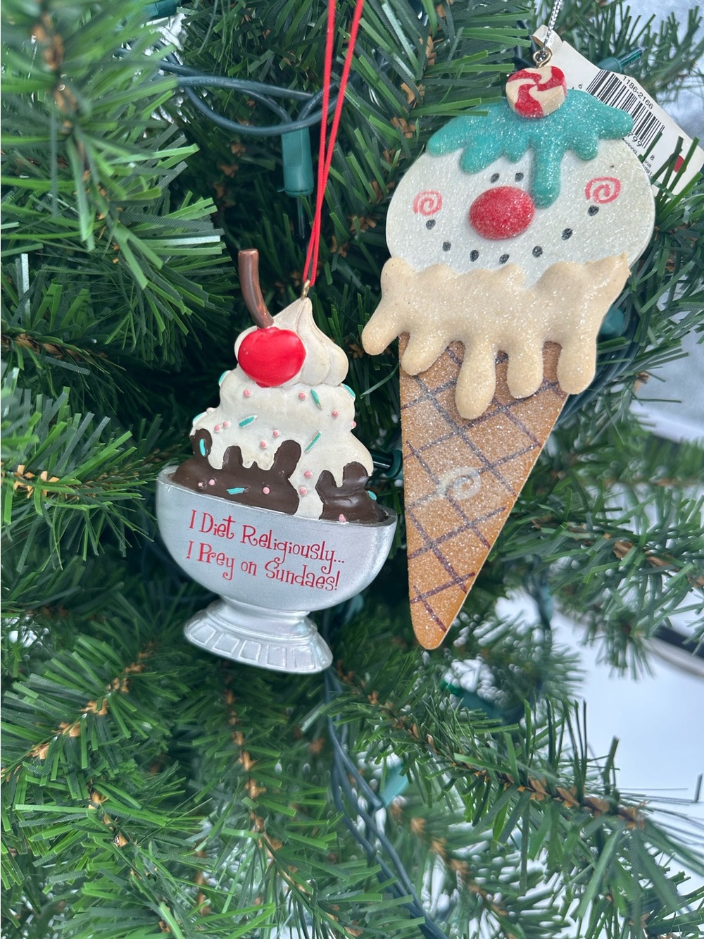 Lot of 2 Holiday Ice Cream Sundae Ornament & Ice Cream Cone Decoration